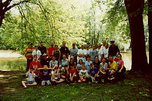 Group photo of most of
 the volunteers for the 1999 canoe trip.